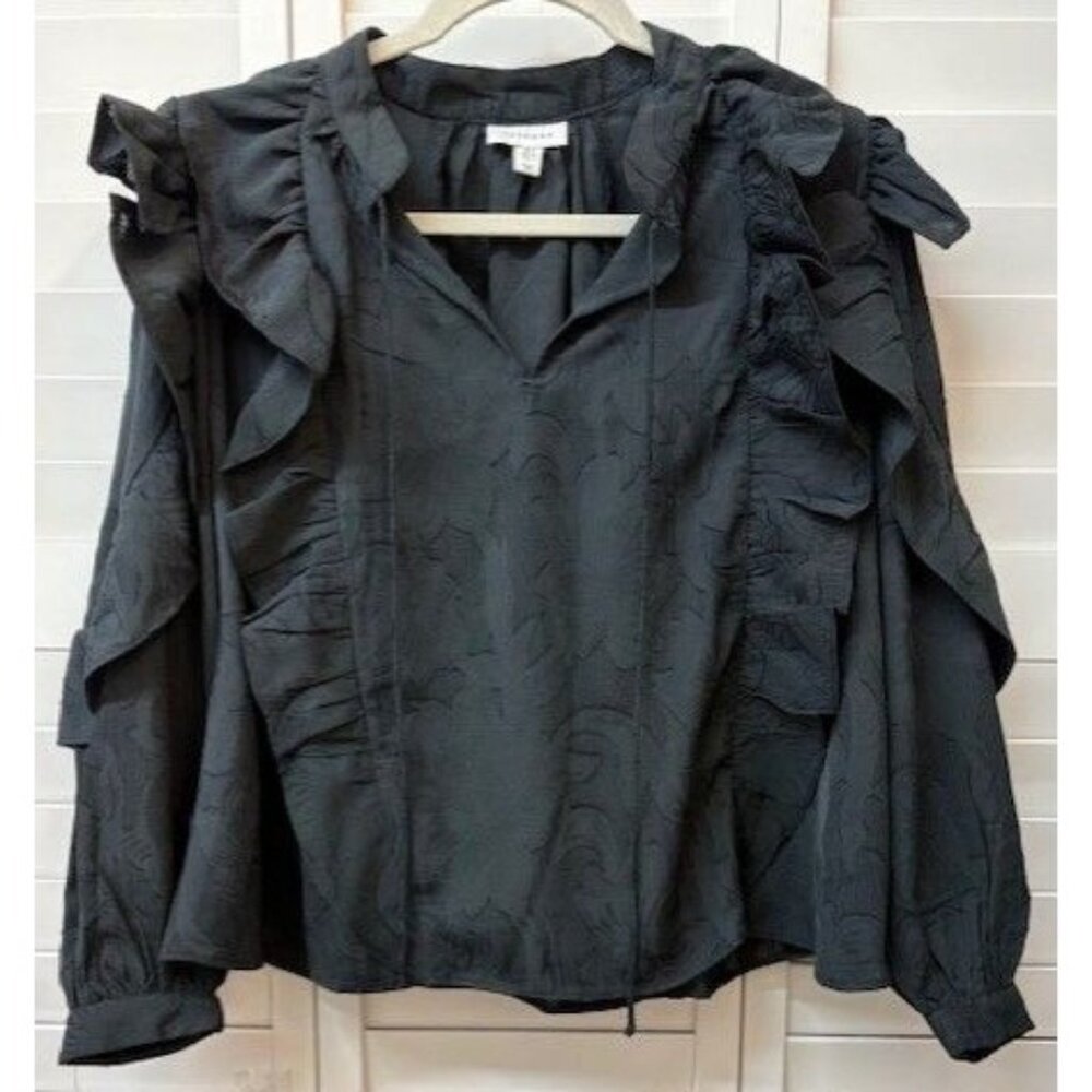 Topshop‎ Black Jacquard Ruffle Blouse UK 6 US 2 Long Sleeve